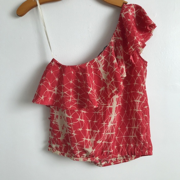 Gryphon Silk One Shoulder Ruffle Red Crop Blouse Womens XS - Picture 4 of 10